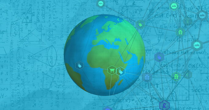 Image of network of connections over globe and mathematical formulae
