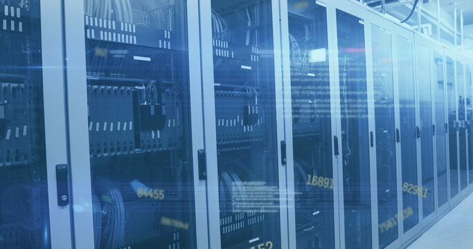 Image of numbers changing and data processing over computer servers in tech room