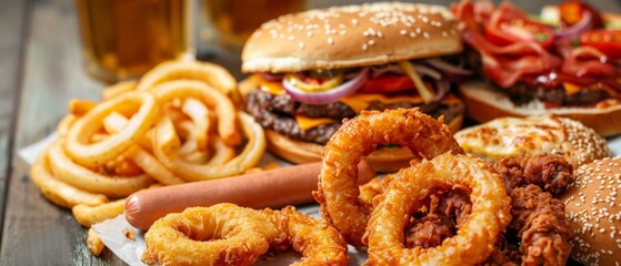 Fast food diet shown by greasy fried take out such as onion rings burgers hot dogs fried chicken fries and pizza symbolizing overeating and dieting - obrazy, fototapety, plakaty