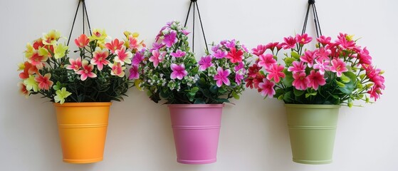 Faux flowers in hanging pots decorate the wall