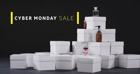 Image of cyber monday sale text over gifts and boxes