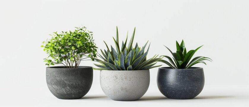 Fiber pots with fake plant isolated on white background modern cement pots with plants lightweight concrete terrazzo pot