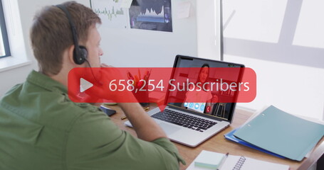 Caucasian man with headset participates in a video call