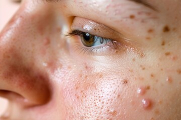 
Close-up photography of blackheads and whiteheads on the nose and T-zone area, showing common acne issues - obrazy, fototapety, plakaty