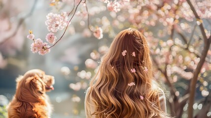 Blonde Woman in Garden Adorned with Cherry Blossoms, Appreciating Natures Beauty