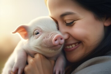 
Close-up photo of a mini pig nestled in the arms of its owner, both expressing joy and contentment in each other's company.