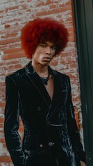 Striking Modern Gentleman Red Afro Model in Chic Black Velvet Suit for Fashion Photoshoot - obrazy, fototapety, plakaty