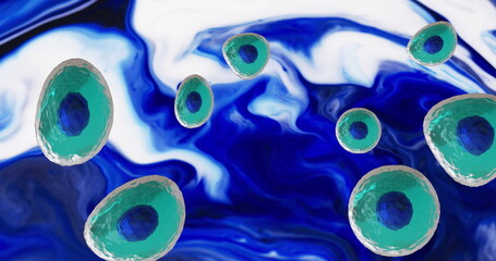 Image of micro of blue and turquoise cells on vibrant coloured background