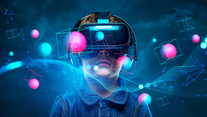 Boy in vr glasses, information fields in metaverse. Ai generative illustration