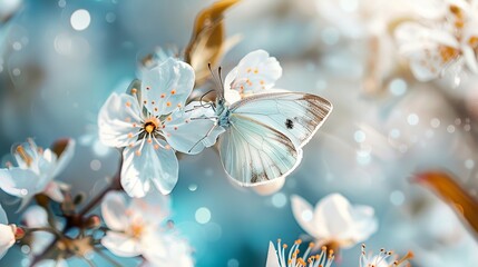 Weißer Schmetterling auf blühenden Kirschast, White butterfly on a flowering cherry branch - obrazy, fototapety, plakaty