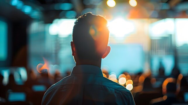 A Confident Man Inspiring an Engaged Audience A Professional Presentation in a Vibrant and Modern Setting