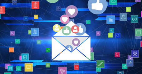 Image of network social media digital icons with mail envelope