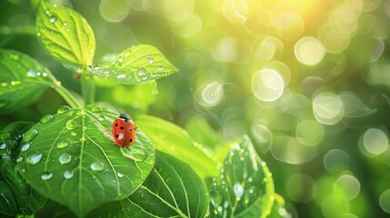 Tropfen Morgentau und Marienkäfer auf jungen saftigen frischen grünen Blättern , Drops of morning dew and ladybugs on young juicy fresh green leaves - obrazy, fototapety, plakaty