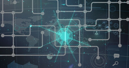 Image of network of connections over globe and world map