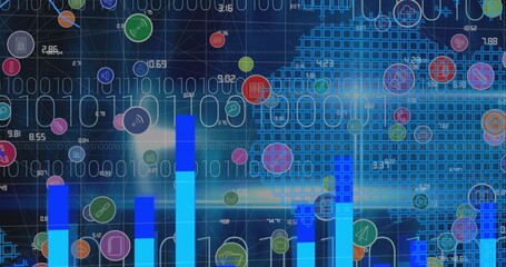 Image of digital icons and data processing with binary coding over world map in background
