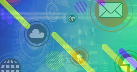 Image of digital icons and scopes scanning over abstract shapes