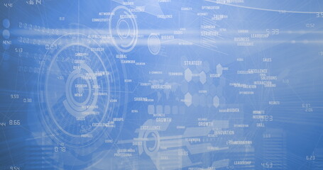 Image of speech bubble with likes and numbers, scopes scanning and business text on blue