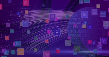 Image of digital icons over globe with binary coding on purple background