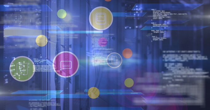 Image of digital icons and data processing over cityscape