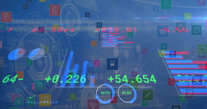 Image of financial data processing over scopes scanning and digital icons