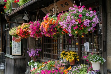 Fototapeta na wymiar Flower pot decoration outside Japanese flower shop