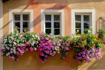 Fototapeta na wymiar Flowers in hanging baskets by white windows and a brown wall