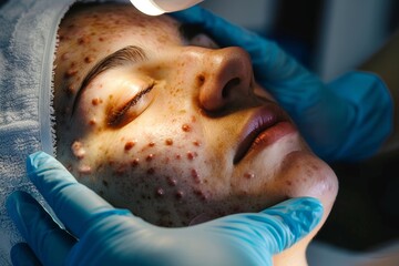 
Photo of a girl undergoing acne treatment, showcasing skincare products and topical medications.