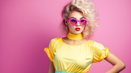Young blonde girl, woman with glasses in a fashionable bright outfit of the 80s, pink and blue, informal - obrazy, fototapety, plakaty
