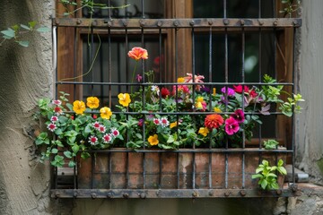Fototapeta na wymiar flower pot hanging outdoors on window with iron bars