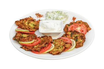 Zucchini hash or Turkish kabak mucver with yoghurt and tomatoes on a white plate