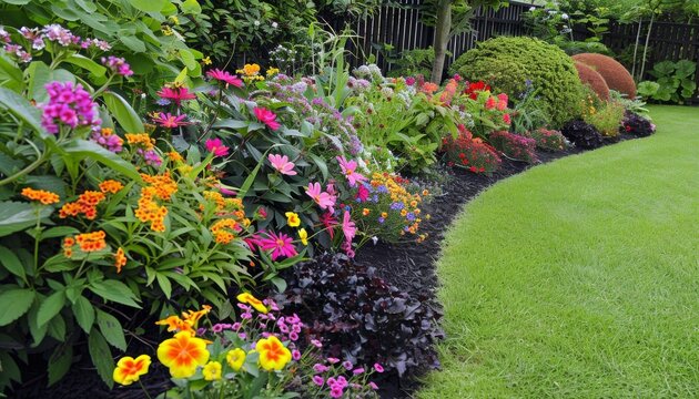 Flower and shrub border with a fence and green lawn in a home garden