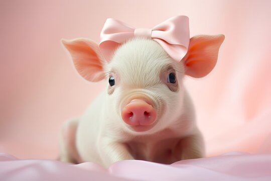
Photo of a mini pig adorned with a cute bow on its head, its innocent eyes gleaming with curiosity against a pastel-colored backdrop, adding sweetness to the portrait.