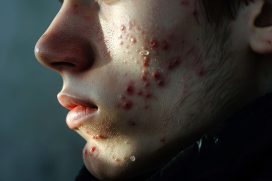 
Photo of a guy with acne breakouts on their chin and forehead, demonstrating the severity of acne flare-ups.