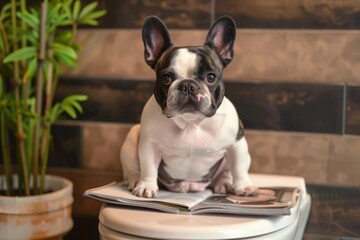 French bulldog with digestive issues reading gossip magazine on toilet