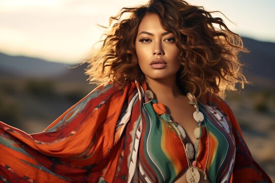 
Picture of a bold plus-size female model, age 33, Hispanic, in a statement fashion piece, with the striking contrast of a desert landscape behind her.