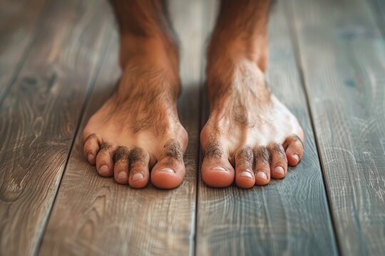 
Picture of a man's feet with a subtle pedicure treatment, emphasizing natural nail care and hygiene.