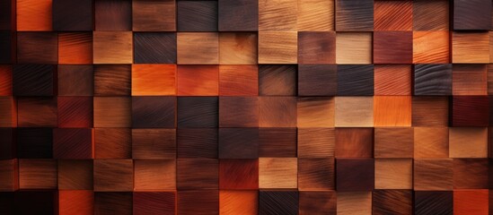 A closeup of a wall constructed from brown wooden squares, creating a unique flooring art piece with shades of amber and orange. The rectangular wood material property resembles brick