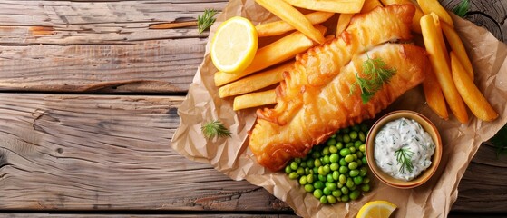 Fried cod French fries lemon tartar sauce mushy peas on plate on wooden table top view