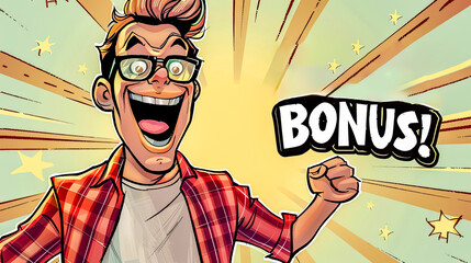 Excited cartoon man celebrating bonus