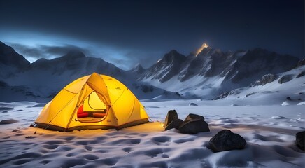 A glowing yellow camping tent set up on snow in an alpine landscape at night. - obrazy, fototapety, plakaty