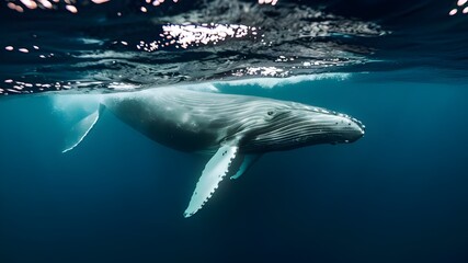 Naklejka premium The image captures a majestic humpback whale swimming underwater., photo