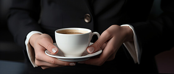 A cup of coffee in a woman's hand at the conference.