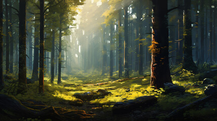 A dense forest with towering trees and dappled sunlight.