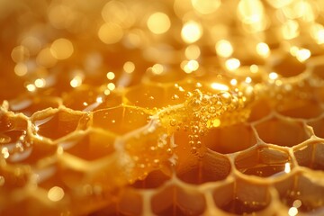 Close-up of glistening honeycomb, golden hues with sparkling droplets, embodying natural sweetness and bee productivity concept