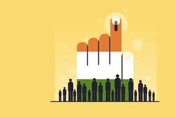 People standing in front of a big hand with Indian flag colours - obrazy, fototapety, plakaty