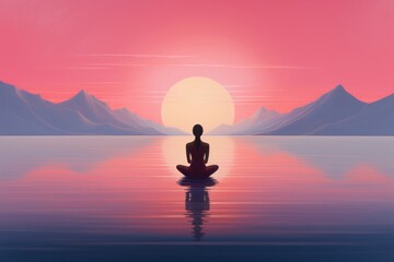 夕陽を見ながら瞑想する女性,Generative AI AI画像