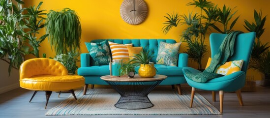 An inviting living room with blue couch, yellow chairs, a table, and plants creating a harmonious interior design. The green plants add a touch of nature to the leisure space