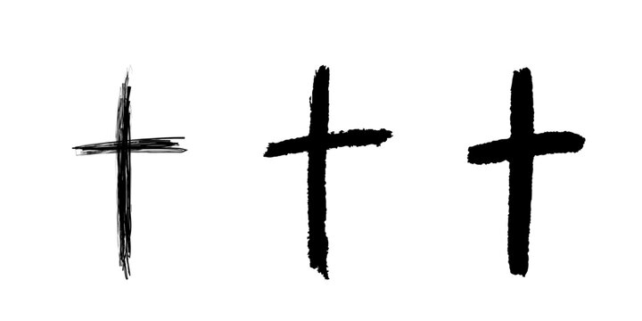 Grunge Christian Church cross set. Hand drawn Catholic cross. Sketch black religious crucifix symbol. Vector illustration isolated on white background.