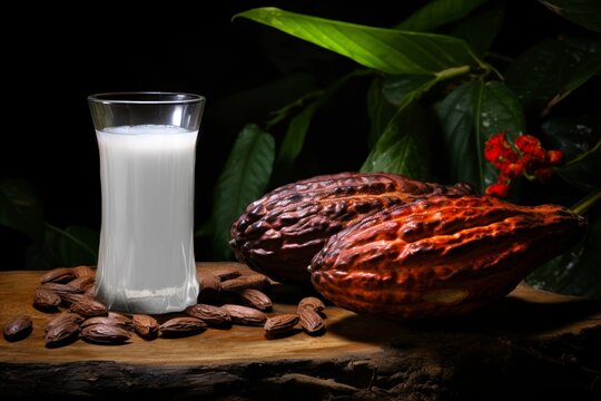 
Picture showcasing a ripe cocoa pod and a glass of opaque white water, capturing the essence of Cacao Water's raw ingredients.