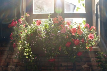 Gorgeous flower box hanging in sunlight